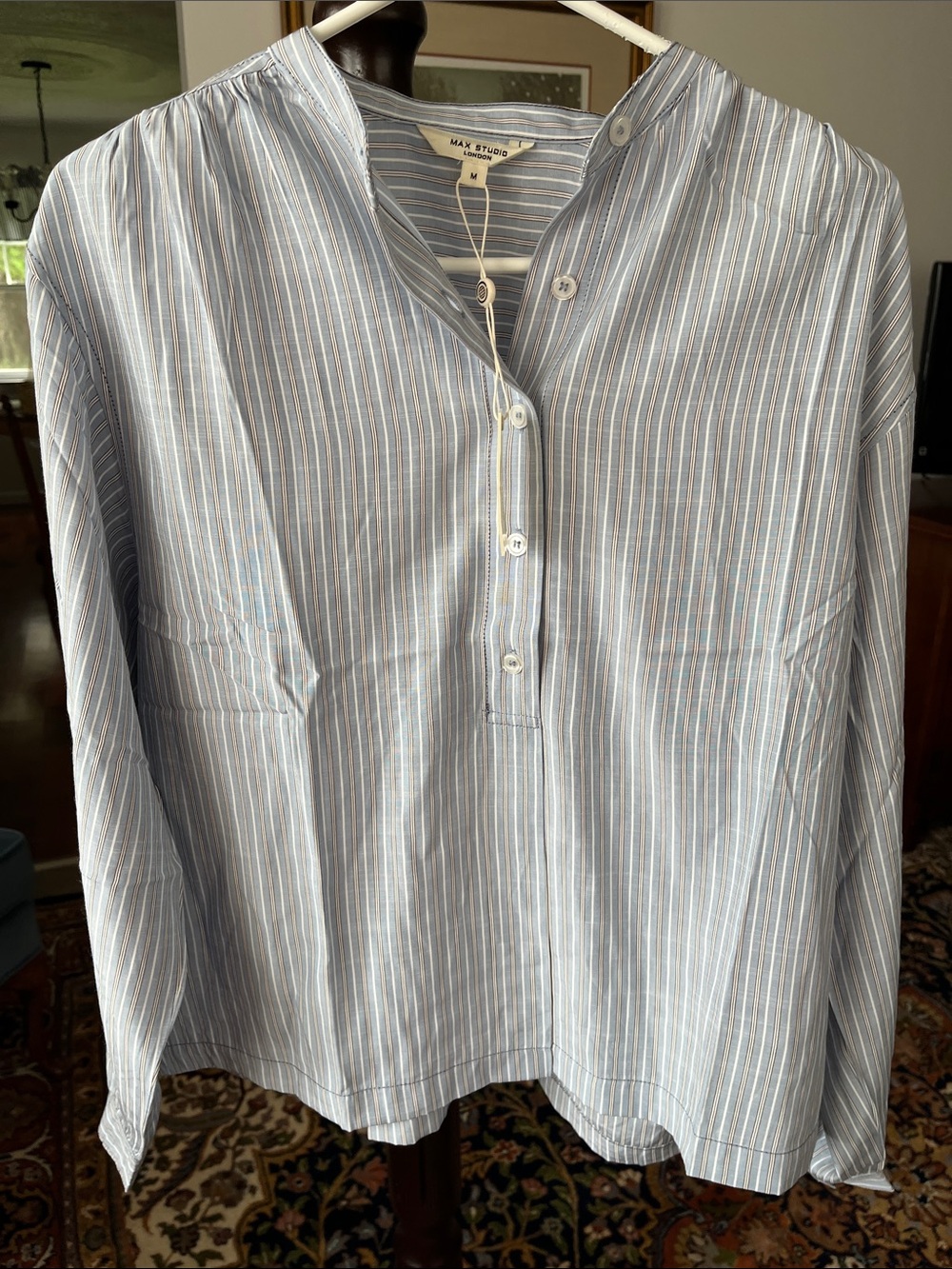 Max Studio Light Blue and White Striped Women's Band-Collar Blouse